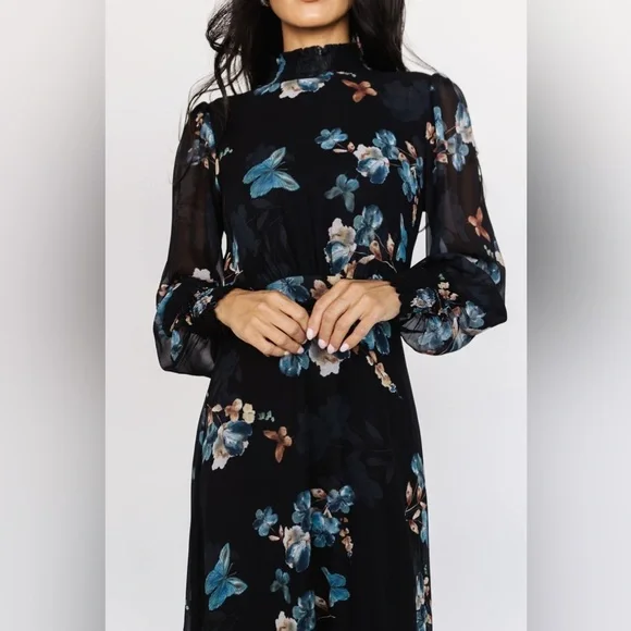 Baltic Born Luciana Floral High Neck Long Sleeve Maxi Dress Black Blue Sz Large - Picture 3 of 15